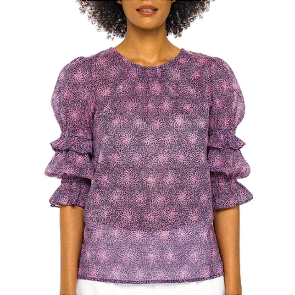 Banjanan Geometric Floral Print Organic Cotton Ruffle Tiered Puffed Sleeve Top M